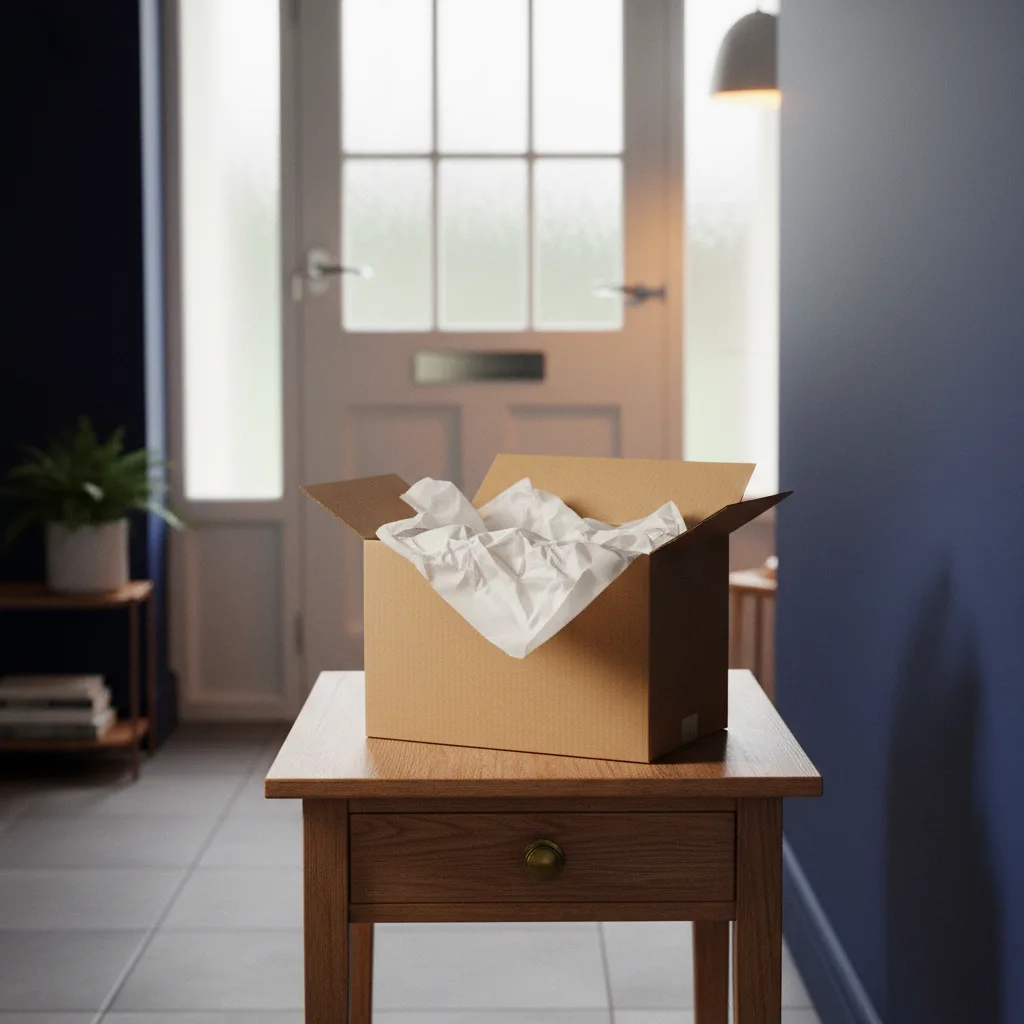 A neatly packaged kraft parcel box resting on a table near a bright front door