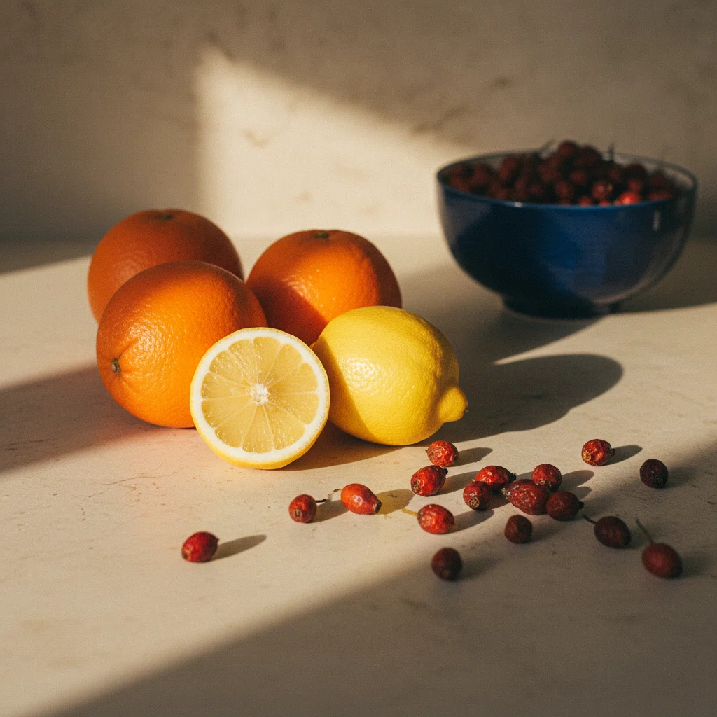 Fresh oranges, lemons and rosehips arranged on a light stone kitchen surface
