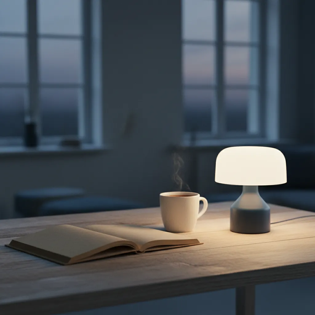 Houten blad met een dampende kop kruidenthee en een opengeslagen notitieboek bij een gedimde lamp in de avond