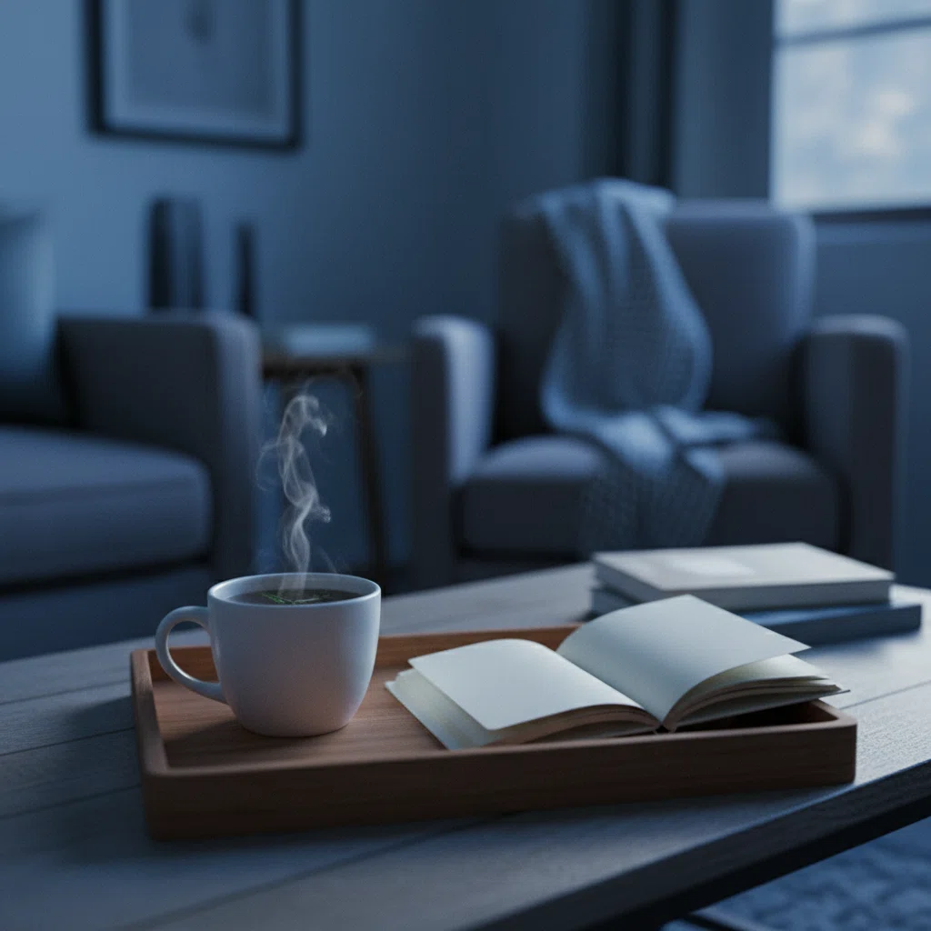 Gezellige woonkamer in de avond met gedimde lamp, een open boek en een kop kruidenthee op tafel
