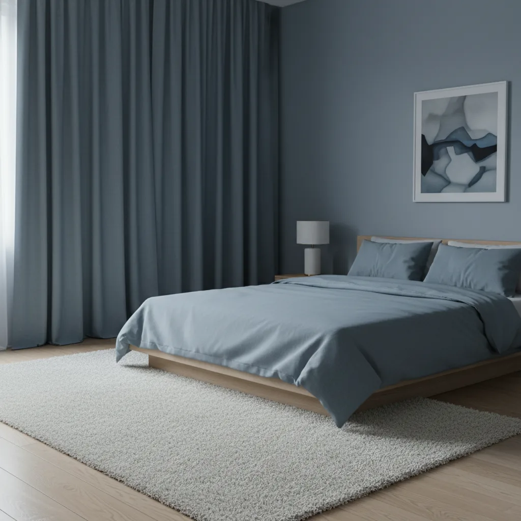 Slaapkamer met dikke stoffen gordijnen en een zachte vloerbedekking - akoestisch interieur zonder mensen