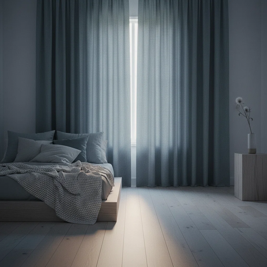 Gesloten raam met dikke gordijnen in een donkere, stille slaapkamer - akoestisch interieur