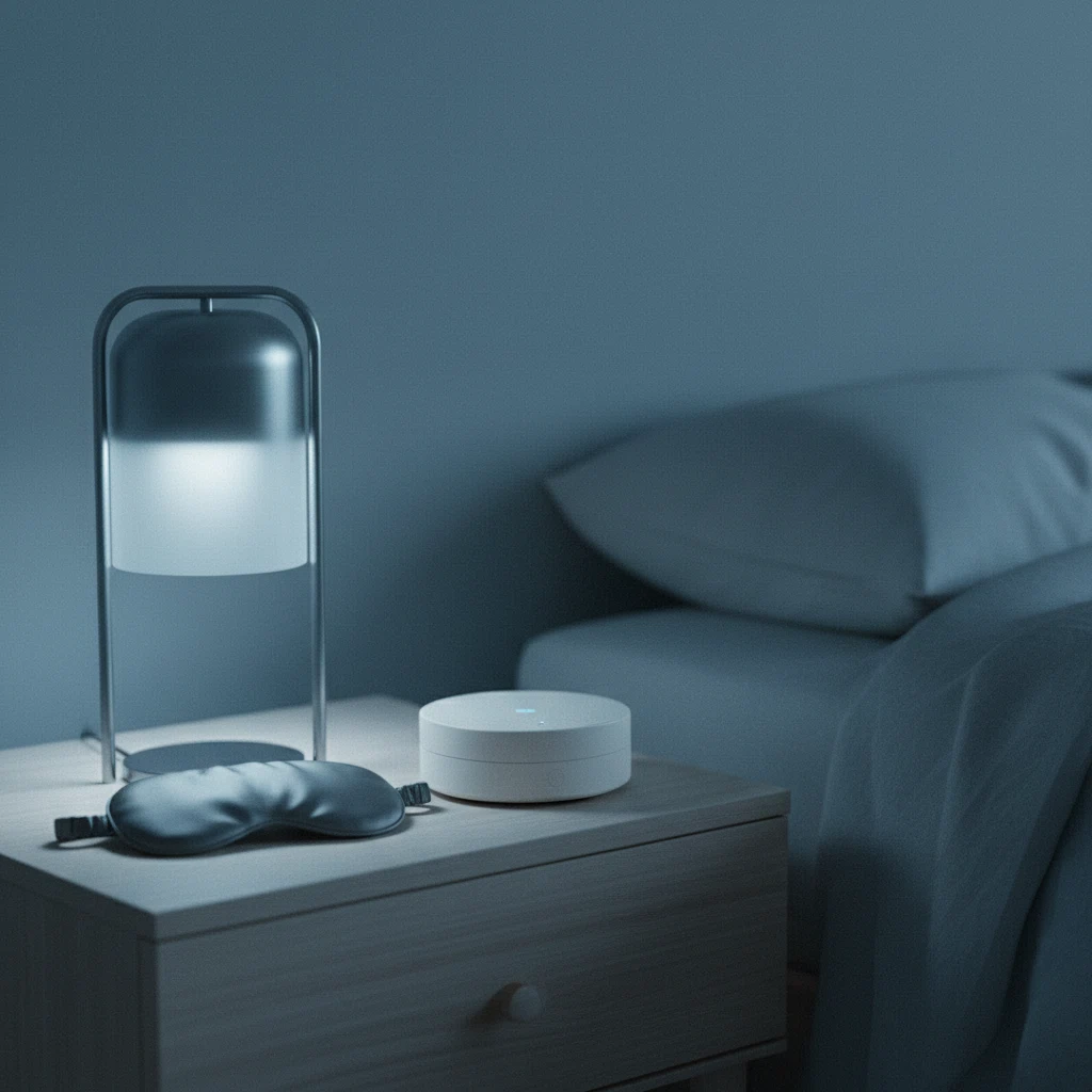 Close-up van een kleine ronde geluidsspeaker op een nachtkastje naast een slapende lamp in een rustige kamer