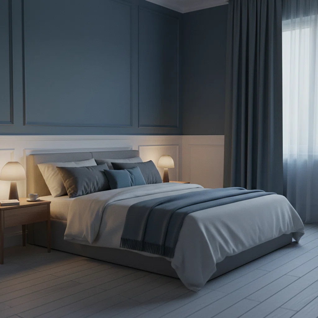 Rustige slaapkamer met zachte indirecte verlichting en een netjes opgemaakt bed bij schemerlicht