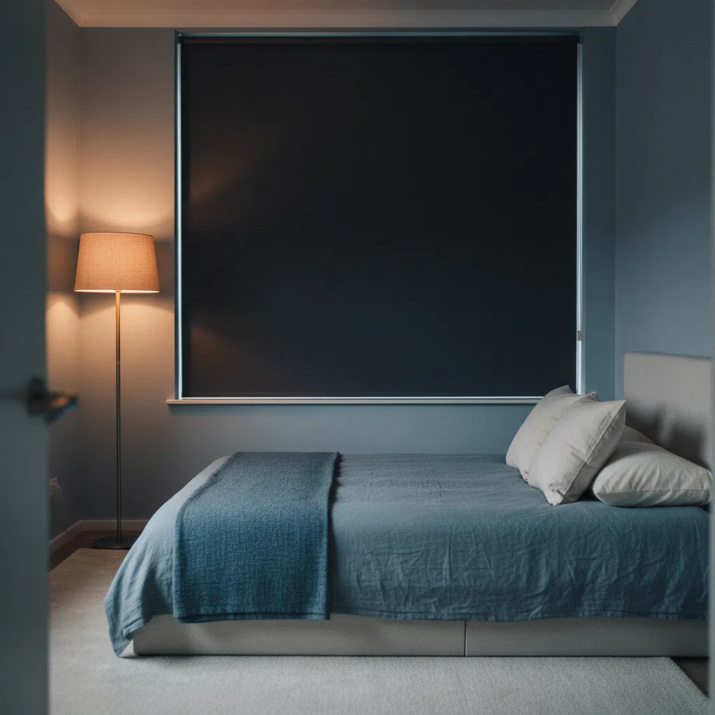 Minimalistische slaapkamer met verduisterende gordijnen en een kleine dimbare lamp op een houten kast