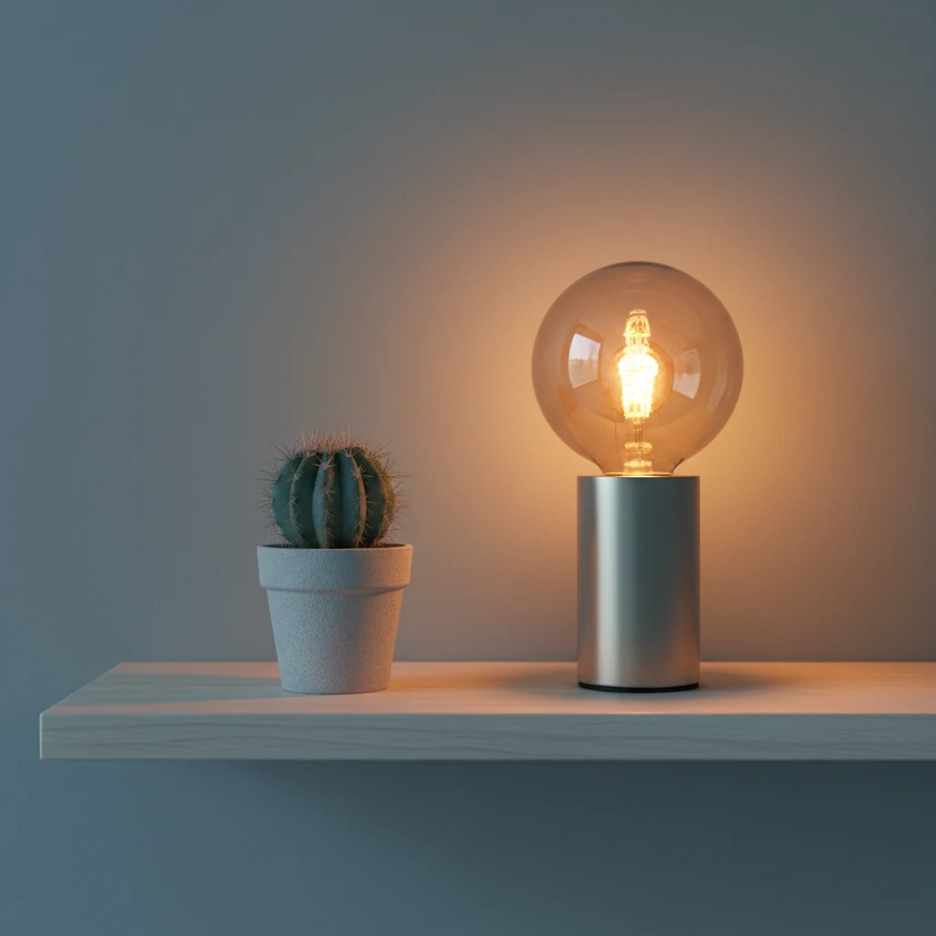 Warme schemerlamp op een houten nachtkastje met een klein cactusplantje in een rustige slaapkamer