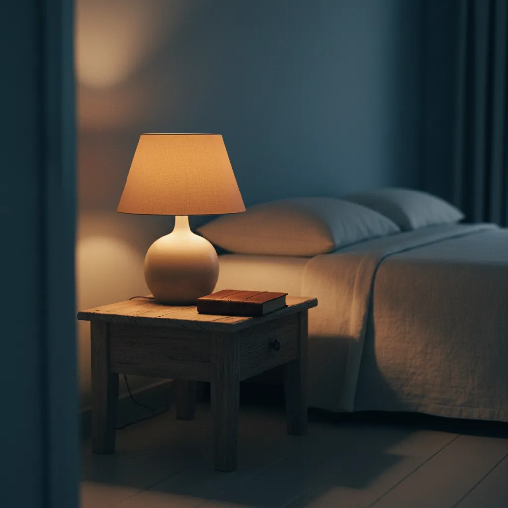 Schemerlamp op een nachtkastje naast een boek in een donkere slaapkamer met warm indirect licht